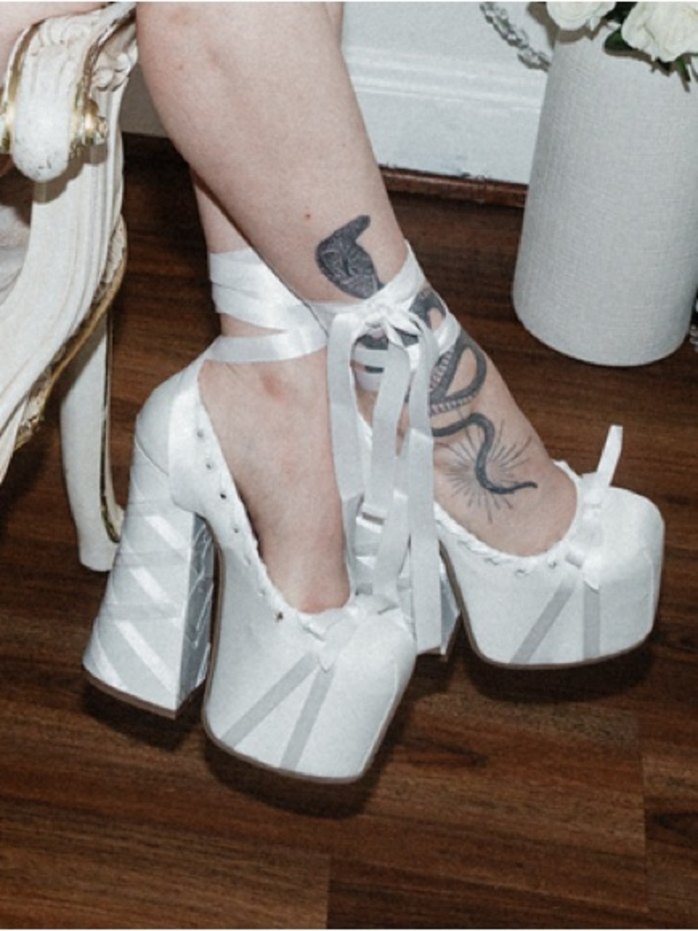 White lace up platform heels